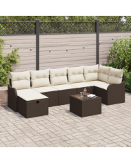 Set de Canapé de Jardin 8 Pièces avec Coussins Marron Rotin Poly , Canapé de Jardin 2 places avec Coussins Marron Rotin Poly | M