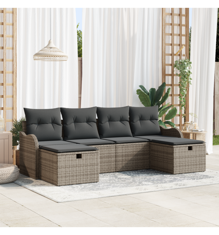 Ensemble de Canapé de Jardin de 6 Pièces avec Coussins en Poly Rattan Gris | Mobilier & Déco