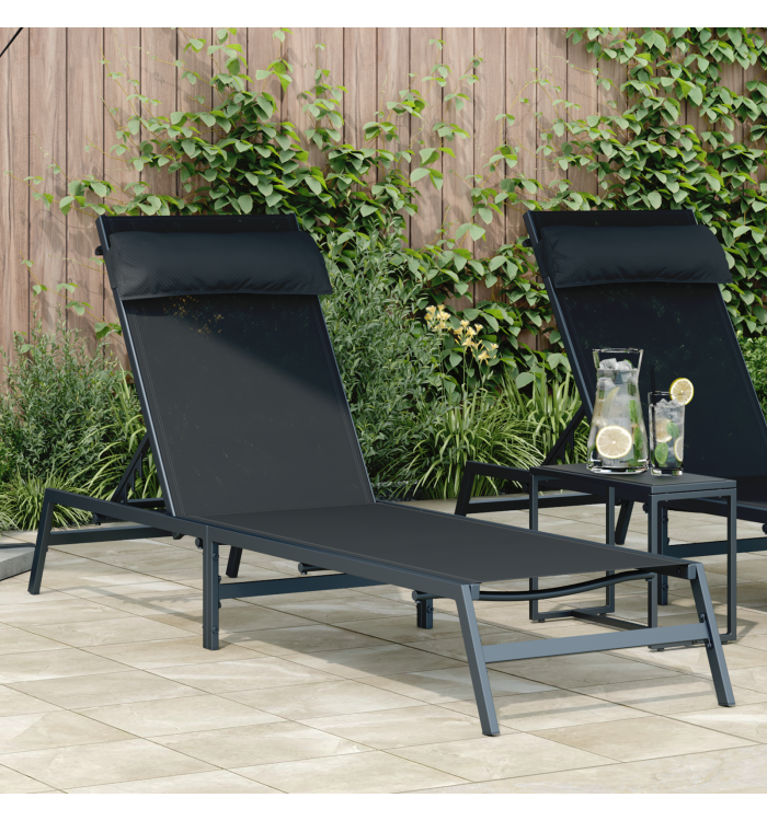 Chaise Longue Noire Acier, Textilène Simple Accoudoirs réglables | Mobilier & Déco
