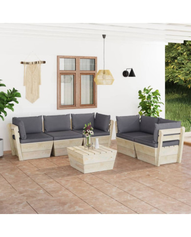 Salon de jardin palette 6 pcs avec coussins bois d'épicéa | Mobilier & Déco