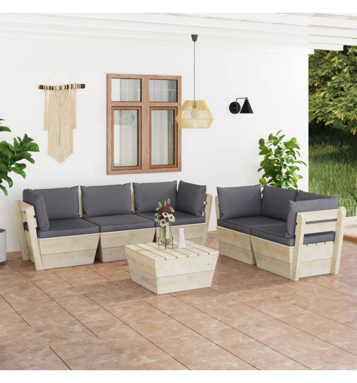 Salon de jardin palette 6 pcs avec coussins bois d'épicéa | Mobilier & Déco
