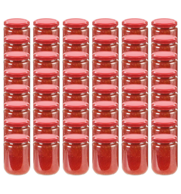 48 pcs Pots à confiture avec couvercle rouge Verre 230 ml | Mobilier & Déco