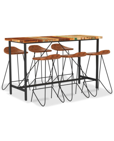 Ensemble de bar 7 pcs Bois de récupération et cuir véritable | Mobilier & Déco