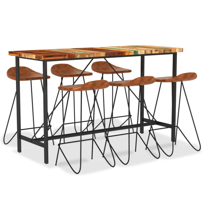 Ensemble de bar 7 pcs Bois de récupération et cuir véritable | Mobilier & Déco