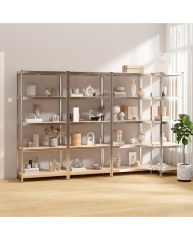 Étagères à 5 niveaux 4 pcs Argenté Acier et bois d'ingénierie | Mobilier & Déco
