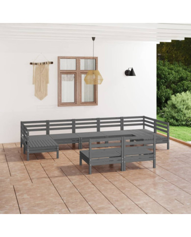 Salon de jardin 9 pcs Gris Bois de pin massif | Mobilier & Déco