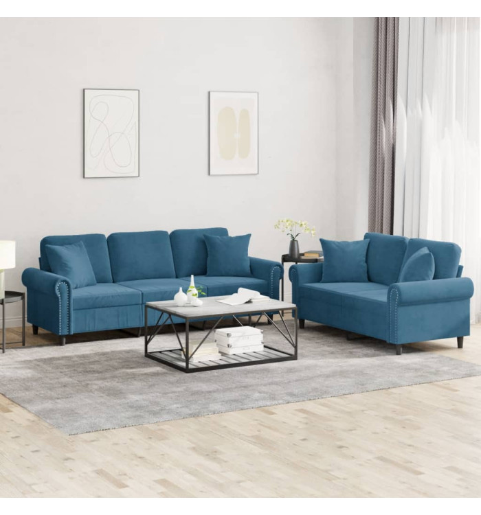 Ensemble de canapés 2 pcs avec coussins bleu velours | Mobilier & Déco