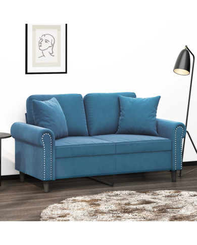 Canapé 2 places avec oreillers décoratifs bleu 120 cm velours | Mobilier & Déco