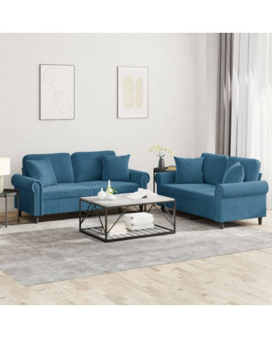 Ensemble de canapés 2 pcs avec coussins bleu velours | Mobilier & Déco
