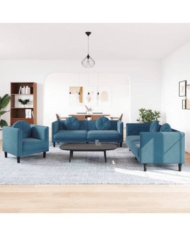 Ensemble de canapés 3 pcs avec coussins bleu velours | Mobilier & Déco