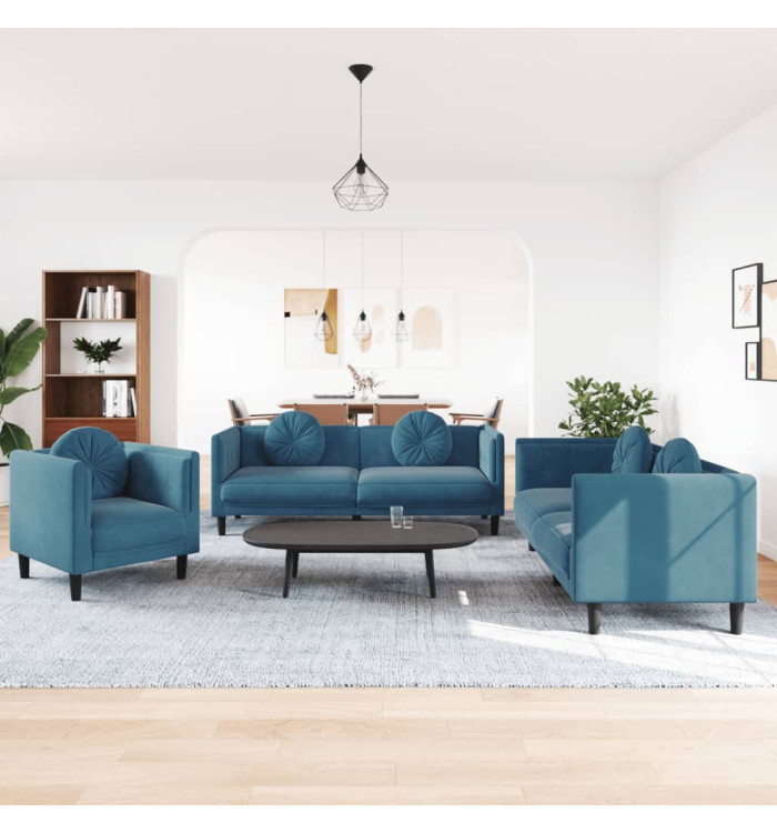 Ensemble de canapés 3 pcs avec coussins bleu velours | Mobilier & Déco