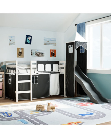 Lit mezzanine enfants avec tour blanc/noir 80x200cm pin massif | Mobilier & Déco
