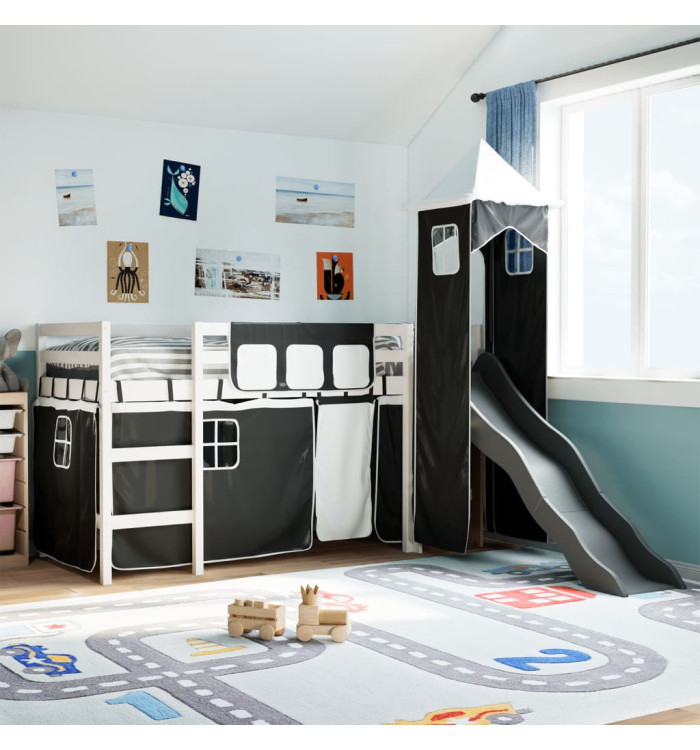 Lit mezzanine enfants avec tour blanc/noir 80x200cm pin massif | Mobilier & Déco