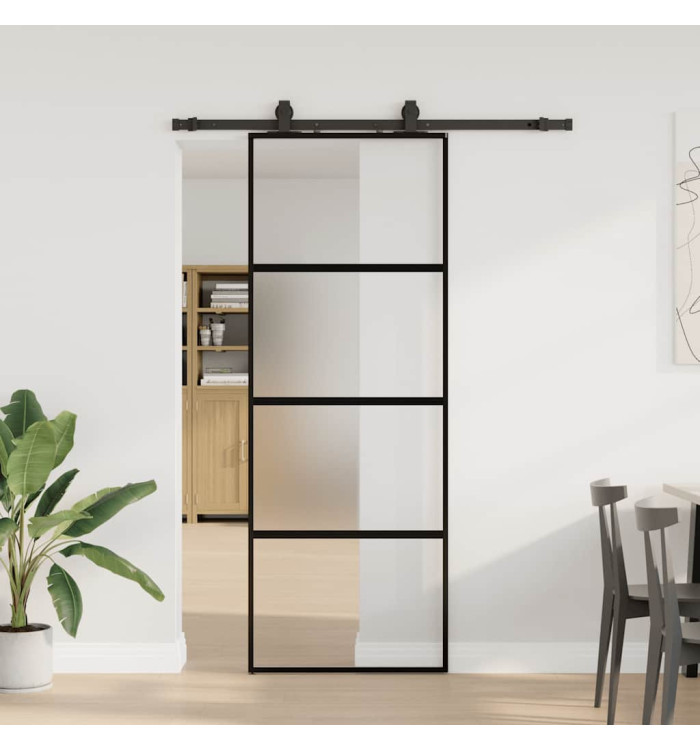 Porte coulissante kit quincaillerie noir 76x205 cm verre trempé | Mobilier & Déco