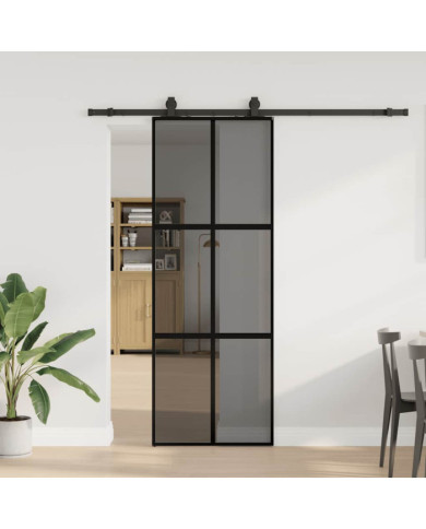 Porte coulissante kit quincaillerie noir 76x205 cm verre trempé | Mobilier & Déco