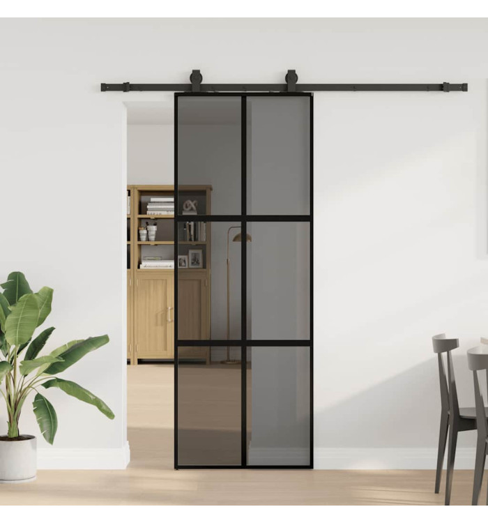 Porte coulissante kit quincaillerie noir 76x205 cm verre trempé | Mobilier & Déco