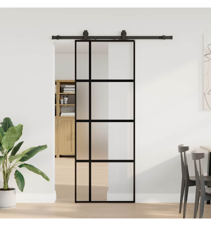 Porte coulissante kit quincaillerie noir 76x205 cm verre trempé | Mobilier & Déco