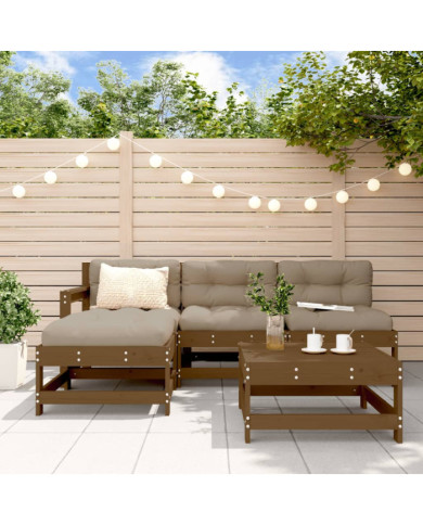 Salon de jardin 5 pcs avec coussins marron miel bois massif | Mobilier & Déco
