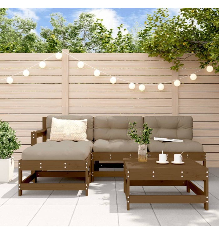 Salon de jardin 5 pcs avec coussins marron miel bois massif | Mobilier & Déco