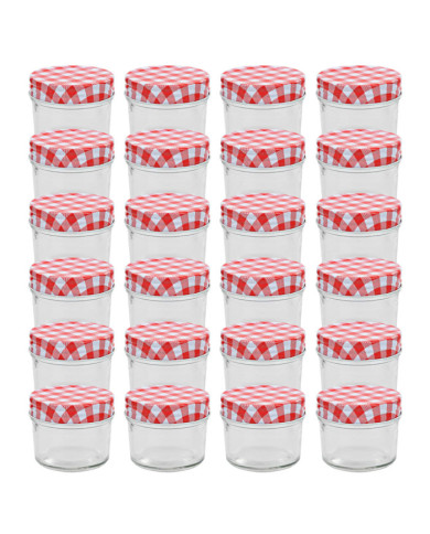 24 pcs Pots à confiture Couvercles blanc et rouge Verre 110 ml | Mobilier & Déco