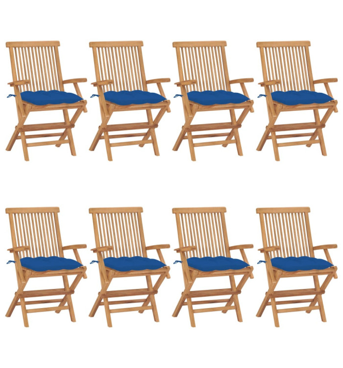 Chaises de jardin avec coussins bleu lot de 8 Bois teck massif | Mobilier & Déco