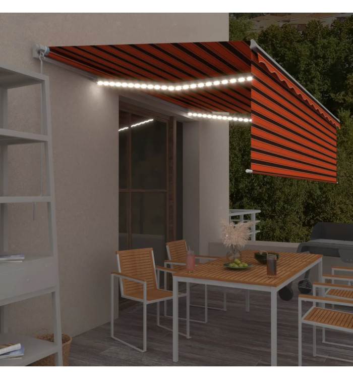 Auvent manuel rétractable avec store et LED 5x3 m Orange marron | Mobilier & Déco