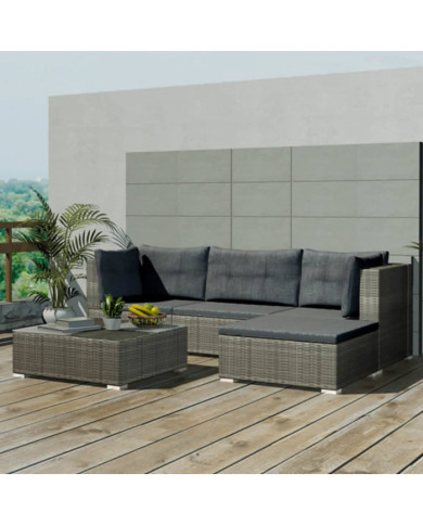 Salon de jardin 5 pcs avec coussins résine tressée gris | Mobilier & Déco