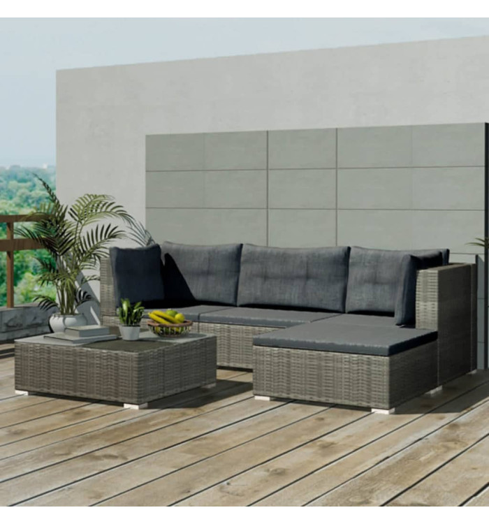 Salon de jardin 5 pcs avec coussins résine tressée gris | Mobilier & Déco