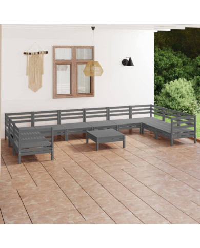 Salon de jardin 11 pcs Gris Bois de pin massif | Mobilier & Déco