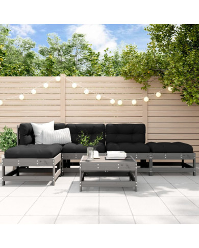 Salon de jardin 6 pcs avec coussins gris bois massif | Mobilier & Déco