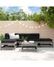 Salon de jardin 6 pcs avec coussins gris bois massif | Mobilier & Déco
