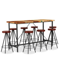 Ensemble de bar 9 pcs Bois de récupération et cuir véritable | Mobilier & Déco