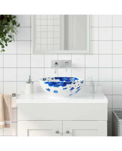 Vasque à poser blanc et bleu rond Φ41x14 cm céramique | Mobilier & Déco