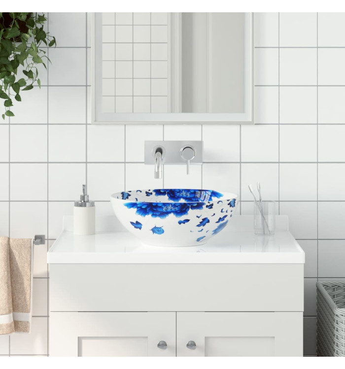 Vasque à poser blanc et bleu rond Φ41x14 cm céramique | Mobilier & Déco