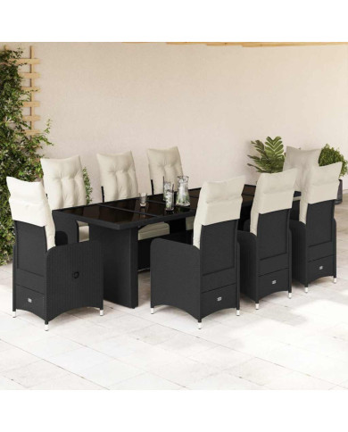 Ensemble de bistro de jardin 9 pcs coussins noir poly rotin | Mobilier & Déco