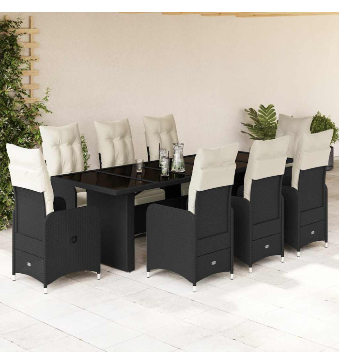Ensemble de bistro de jardin 9 pcs coussins noir poly rotin | Mobilier & Déco