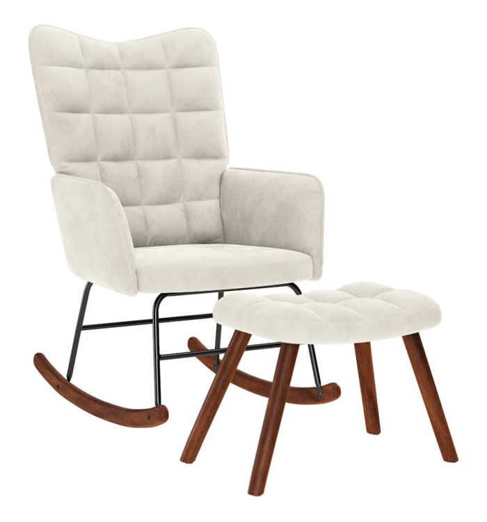 Chaise à bascule avec repose-pied crème velours | Mobilier & Déco