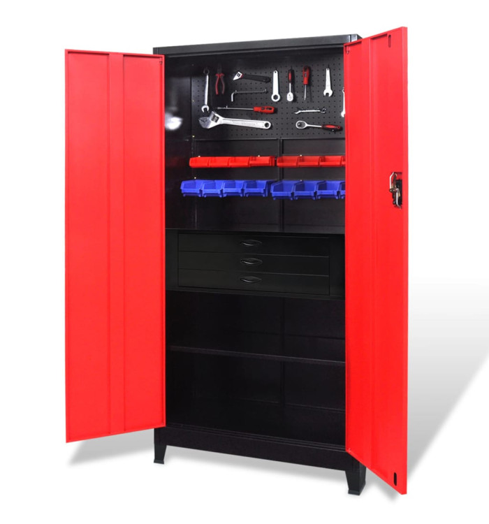 Armoire avec coffre à outils Acier 90x40x180 cm Rouge et noir | Mobilier & Déco
