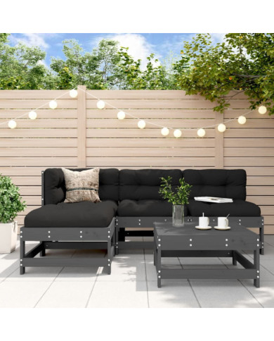 Salon de jardin 5 pcs avec coussins gris bois massif | Mobilier & Déco