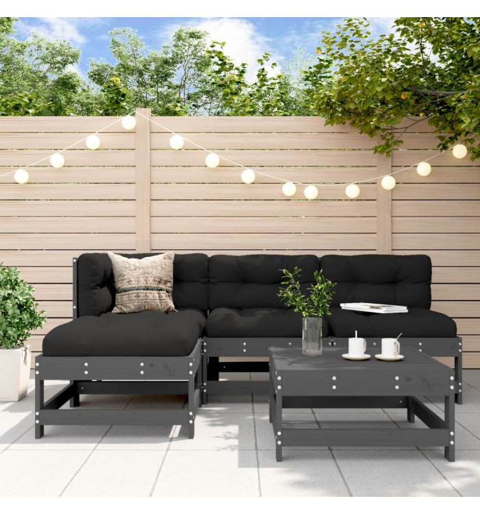 Salon de jardin 5 pcs avec coussins gris bois massif | Mobilier & Déco