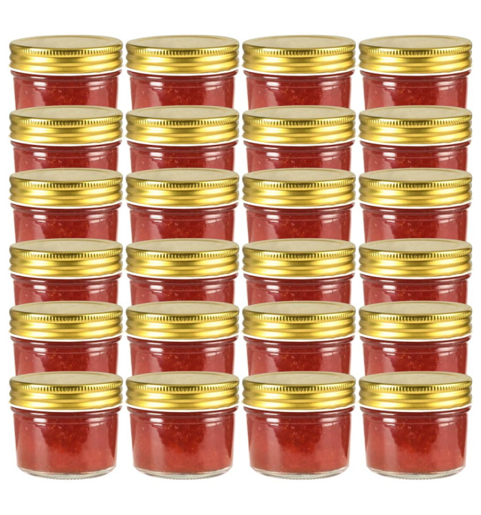 24 pcs Pots à confiture avec couvercles dorés Verre 110 ml | Mobilier & Déco