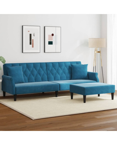 Canapé-lit à 2 places et oreillers et repose-pied bleu velours | Mobilier & Déco