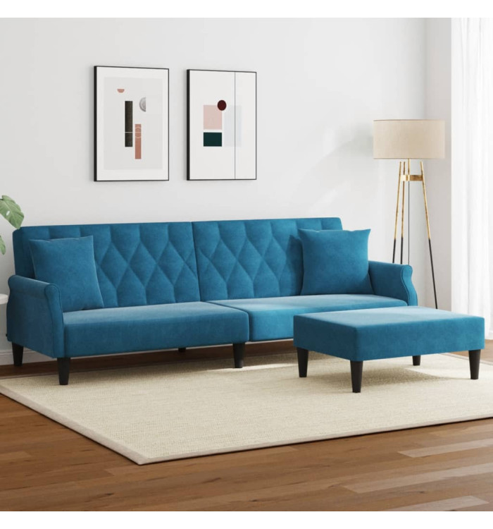 Canapé-lit à 2 places et oreillers et repose-pied bleu velours | Mobilier & Déco