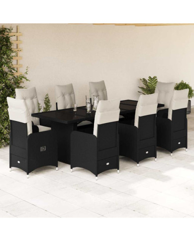 Ensemble de bistro de jardin 9 pcs coussins noir poly rotin | Mobilier & Déco