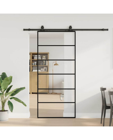 Porte coulissante kit de quincaillerie noir 90x205 cm verre ESG | Mobilier & Déco