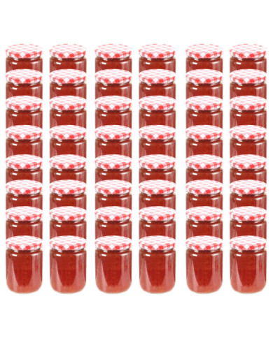 48 pcs Pots à confiture Couvercle blanc et rouge Verre 230 ml | Mobilier & Déco