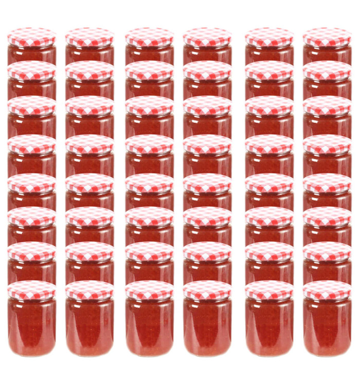 48 pcs Pots à confiture Couvercle blanc et rouge Verre 230 ml | Mobilier & Déco
