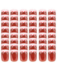 48 pcs Pots à confiture Couvercle blanc et rouge Verre 230 ml | Mobilier & Déco