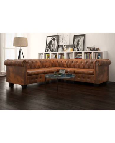 Canapé d'angle Chesterfield 5 plcs Cuir artificiel Marron | Mobilier & Déco