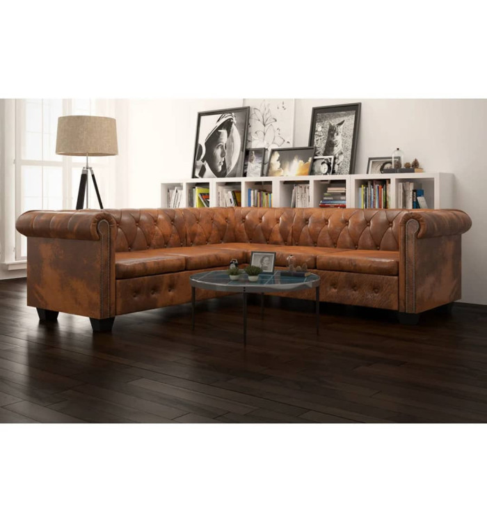 Canapé d'angle Chesterfield 5 plcs Cuir artificiel Marron | Mobilier & Déco